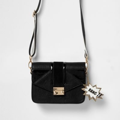 Girls black satchel bag with animated tags